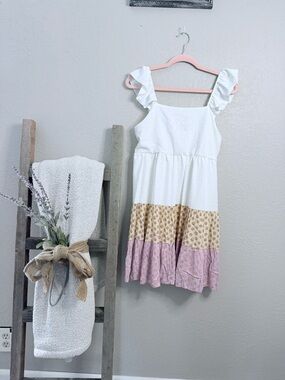 Lovely Melody White Ruffle Strap Tiered Dress with Yellow and Pink Floral Panels
